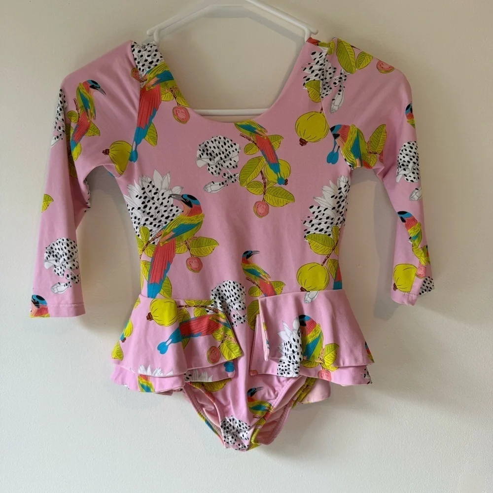 Mola Mola Kids Pink Bird Print Ruffle Long-Sleeve One-Piece Swimsuit Size 12
